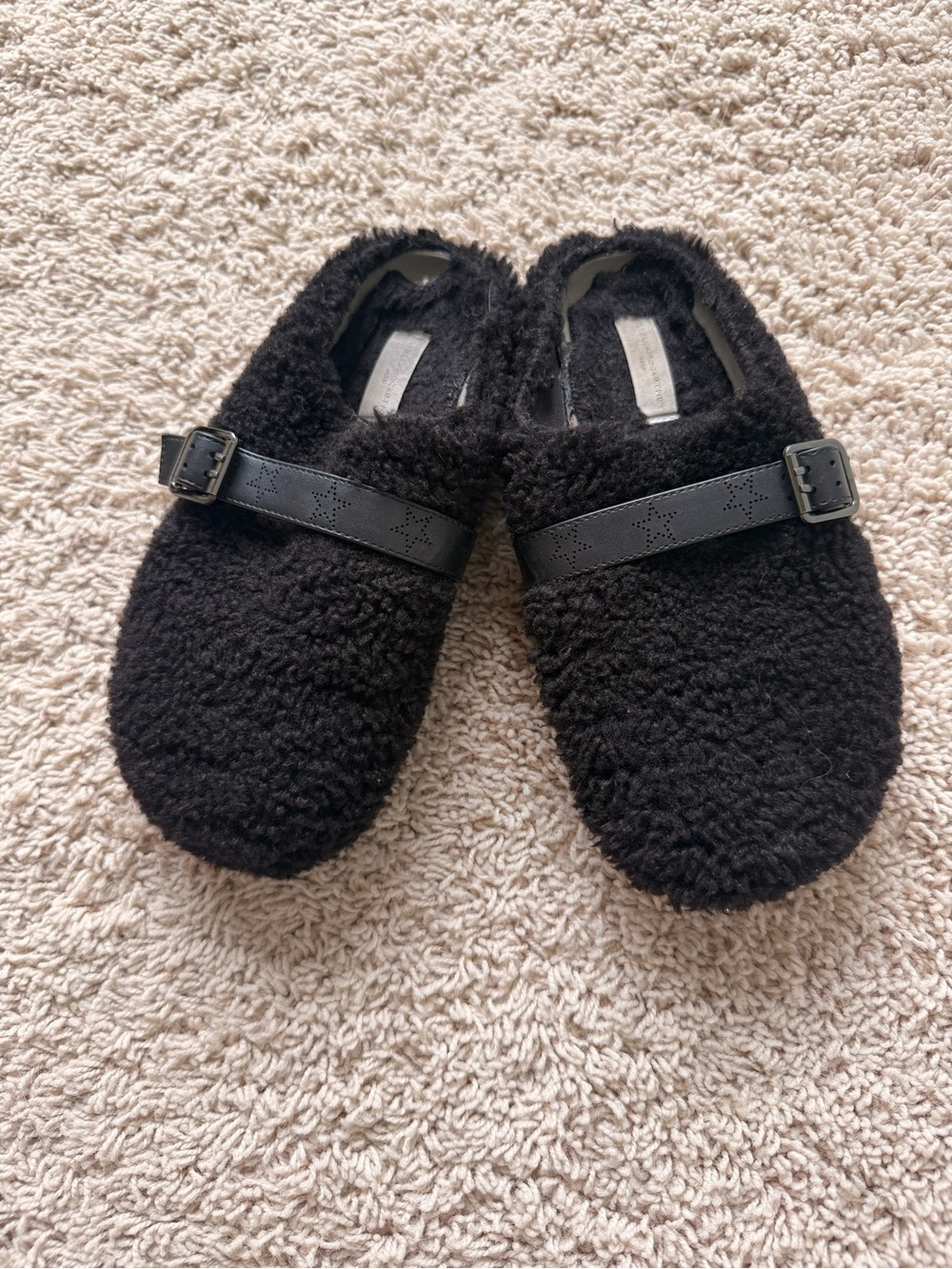 Stella McCartney Kids Black Faux-Shearling Slip-Ons with Buckle Strap